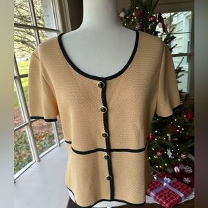 Women's Button-Up Sweater - Tan with Black Trim